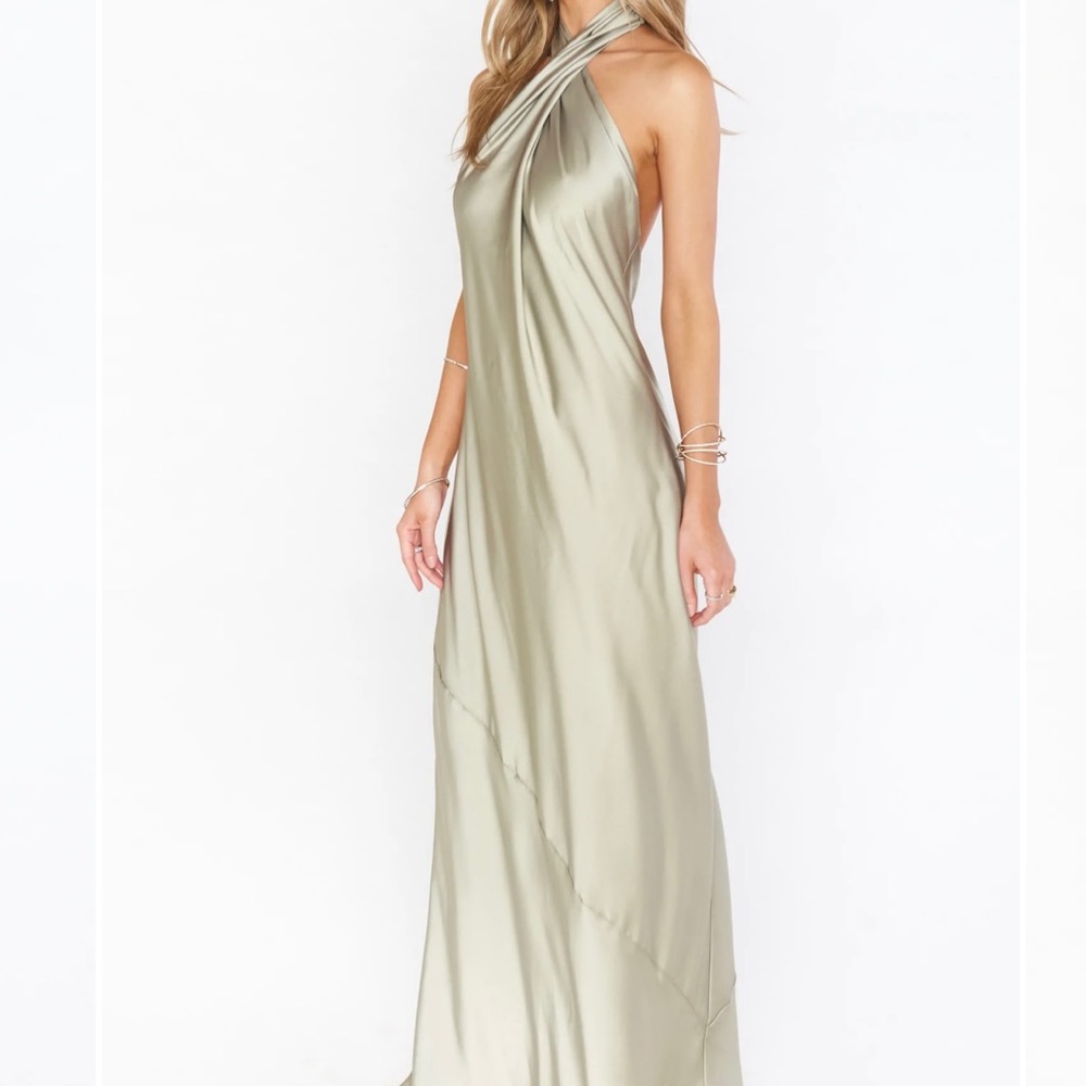 Show Me Your Mumu Jasmine Halter Maxi Dress in Moss Green Luxe Satin